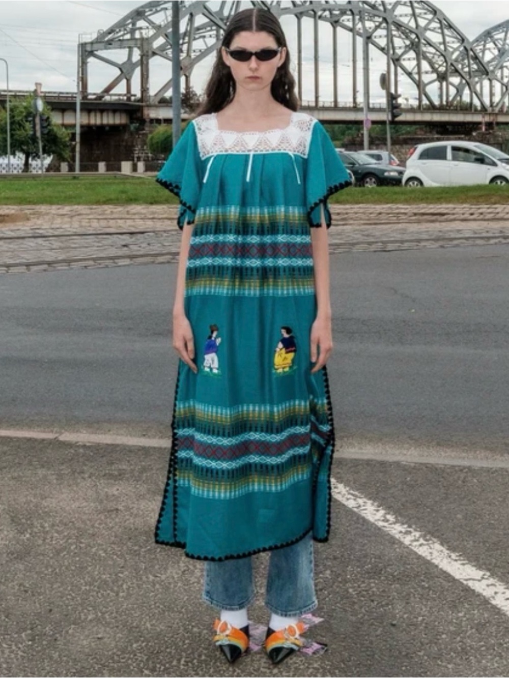Vintage Artesanal Teal Embroidered Maxi Dress with White Lace Yoke
